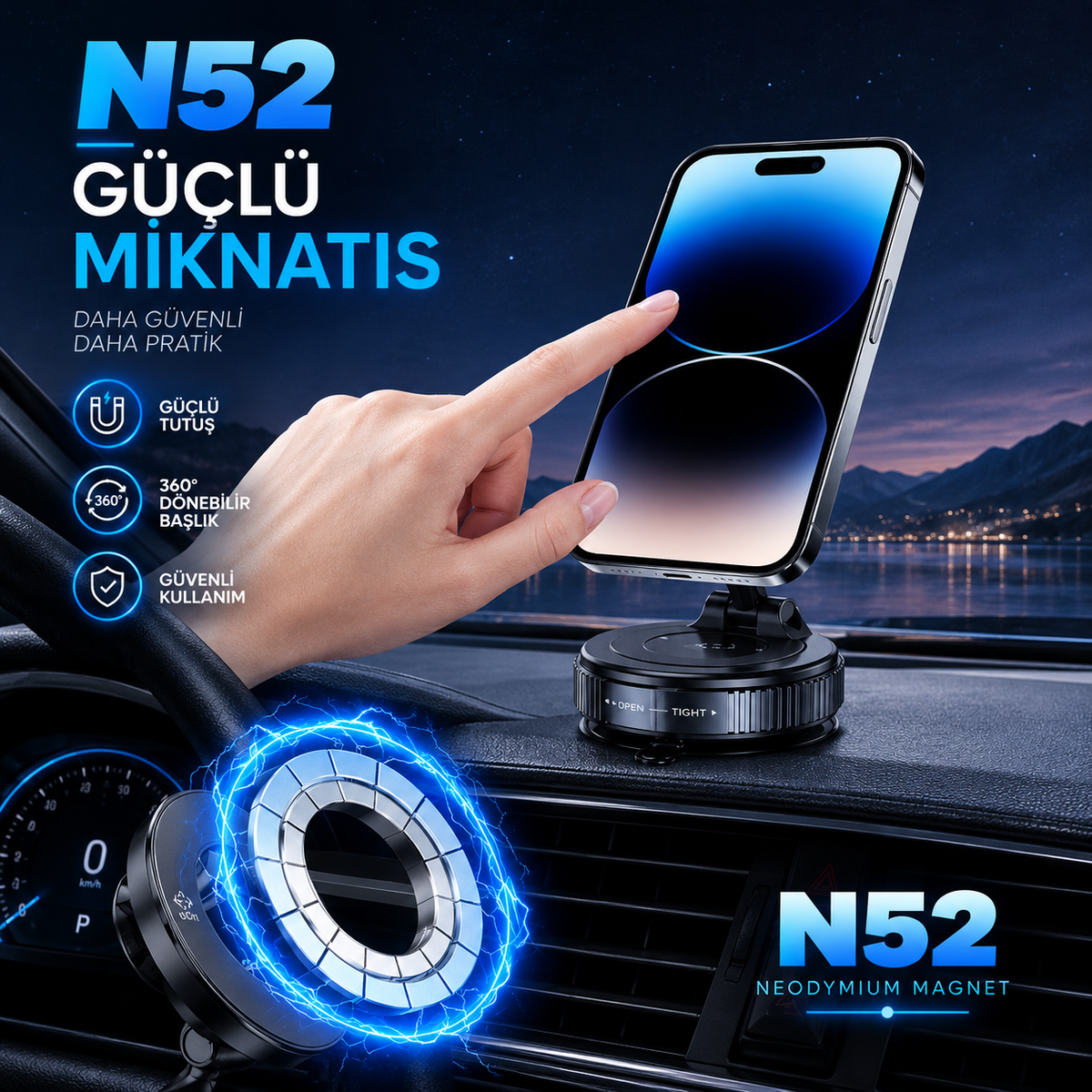 360 Dönebilen Ayarlanabilir Araç Içi Tutucu Kullanılabilen Vakumlu K007 Magsafe Telefon Tutucu
